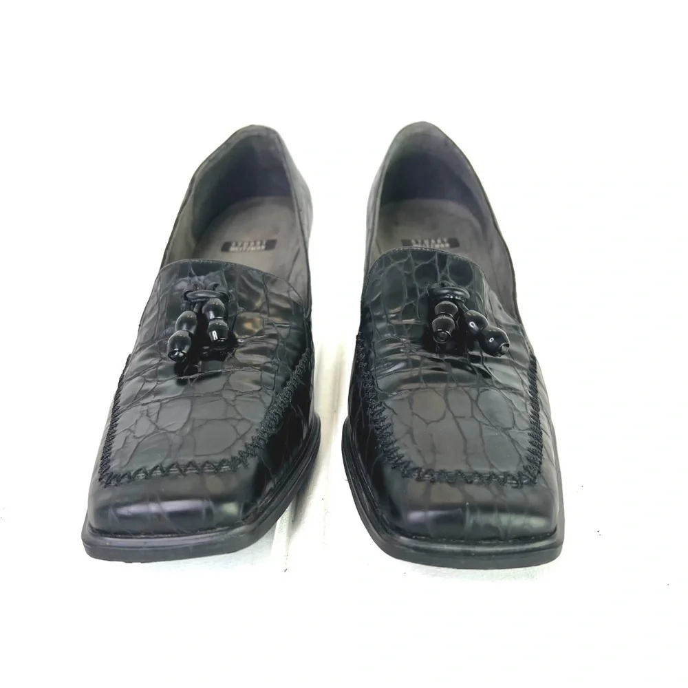 Stuart Weitzman black leather block heels square toe vintage animal prints 8.5 - Picture 4 of 14